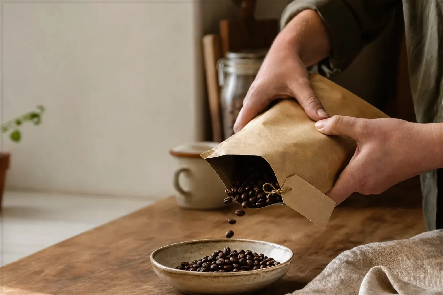 Hände füllen frisch geröstete Kaffeebohnen aus einer Papiertüte in eine Keramikschale – gezeigt für Kontakt zur Aromajuwel-Redaktion im Redaktionsseite.