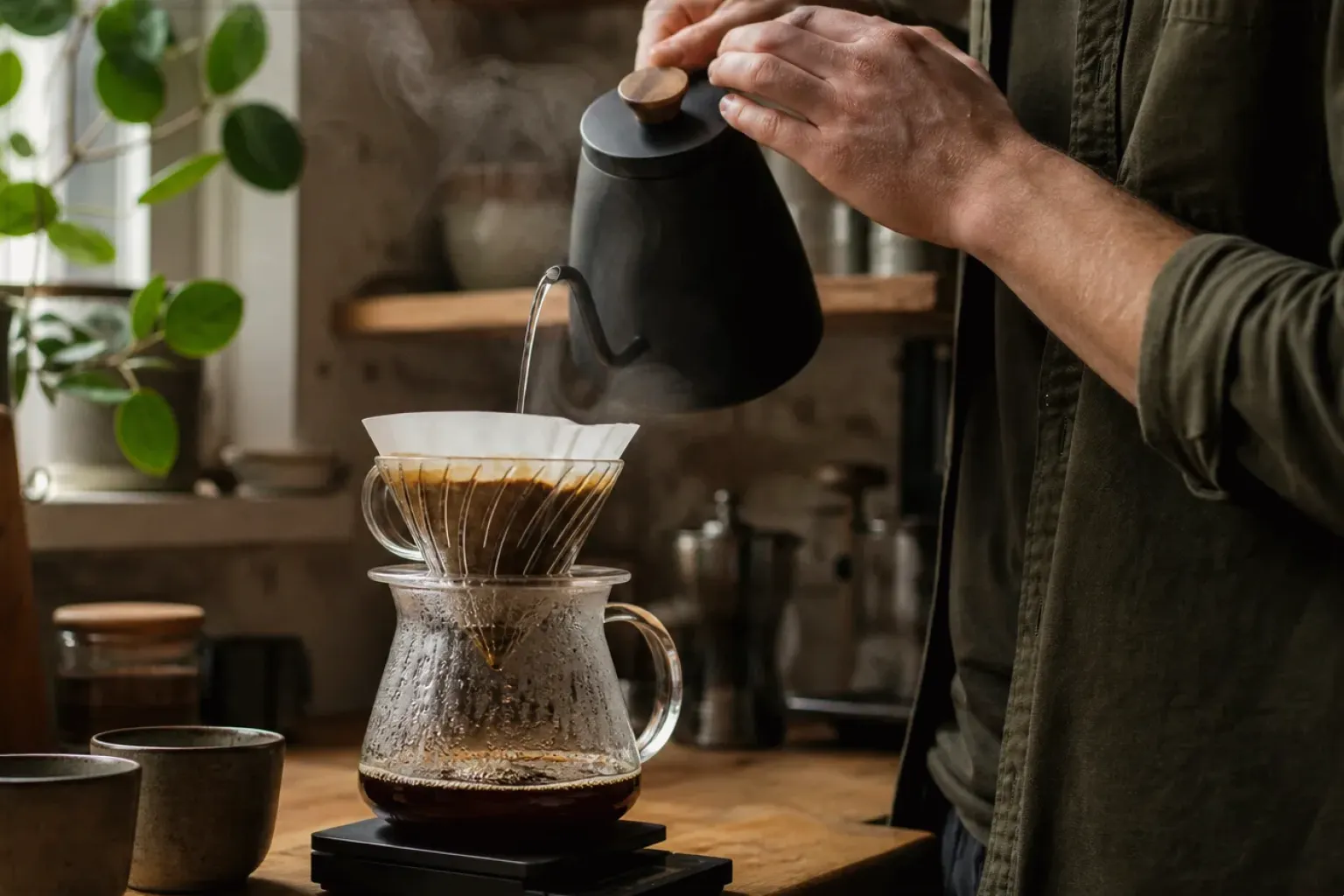 Filterkaffee wird mit einem Schwanenhalskessel von Hand in einer Küche aufgegossen – gezeigt für Kontakt zur Aromajuwel-Redaktion im Redaktionsseite.