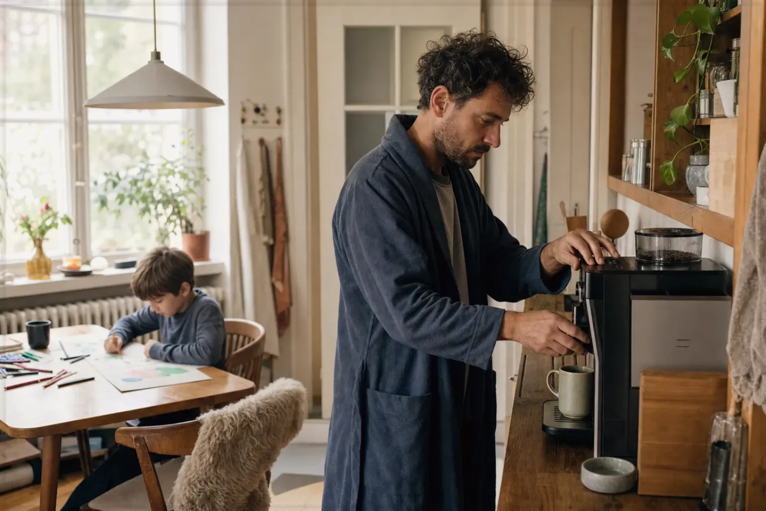Ein Vater bereitet morgens Kaffee zu, während sein Kind am Küchentisch malt – gezeigt für Kontakt zur Aromajuwel-Redaktion im Redaktionsseite.