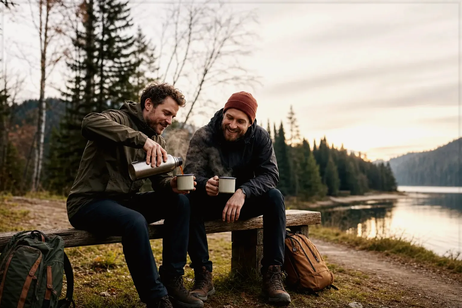 Zwei Freunde teilen auf einer Wanderung heißen Kaffee aus einer Thermoskanne am See – gezeigt für Kontakt zur Aromajuwel-Redaktion im Redaktionsseite.