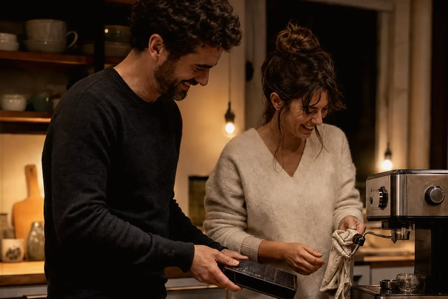Ein Paar reinigt am Abend gemeinsam und gut gelaunt seine Espressomaschine in der Küche – gezeigt für Kontakt zur Aromajuwel-Redaktion im Redaktionsseite.