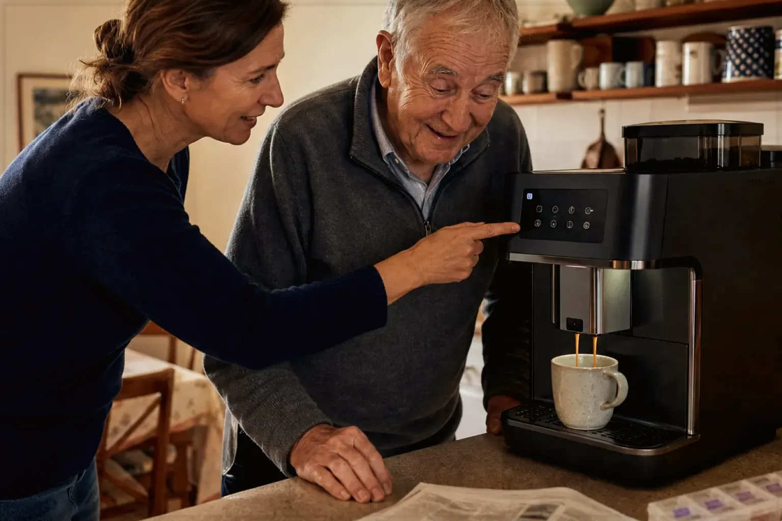 Eine erwachsene Tochter erklärt ihrem Vater verständlich die Bedienung eines Kaffeevollautomaten.