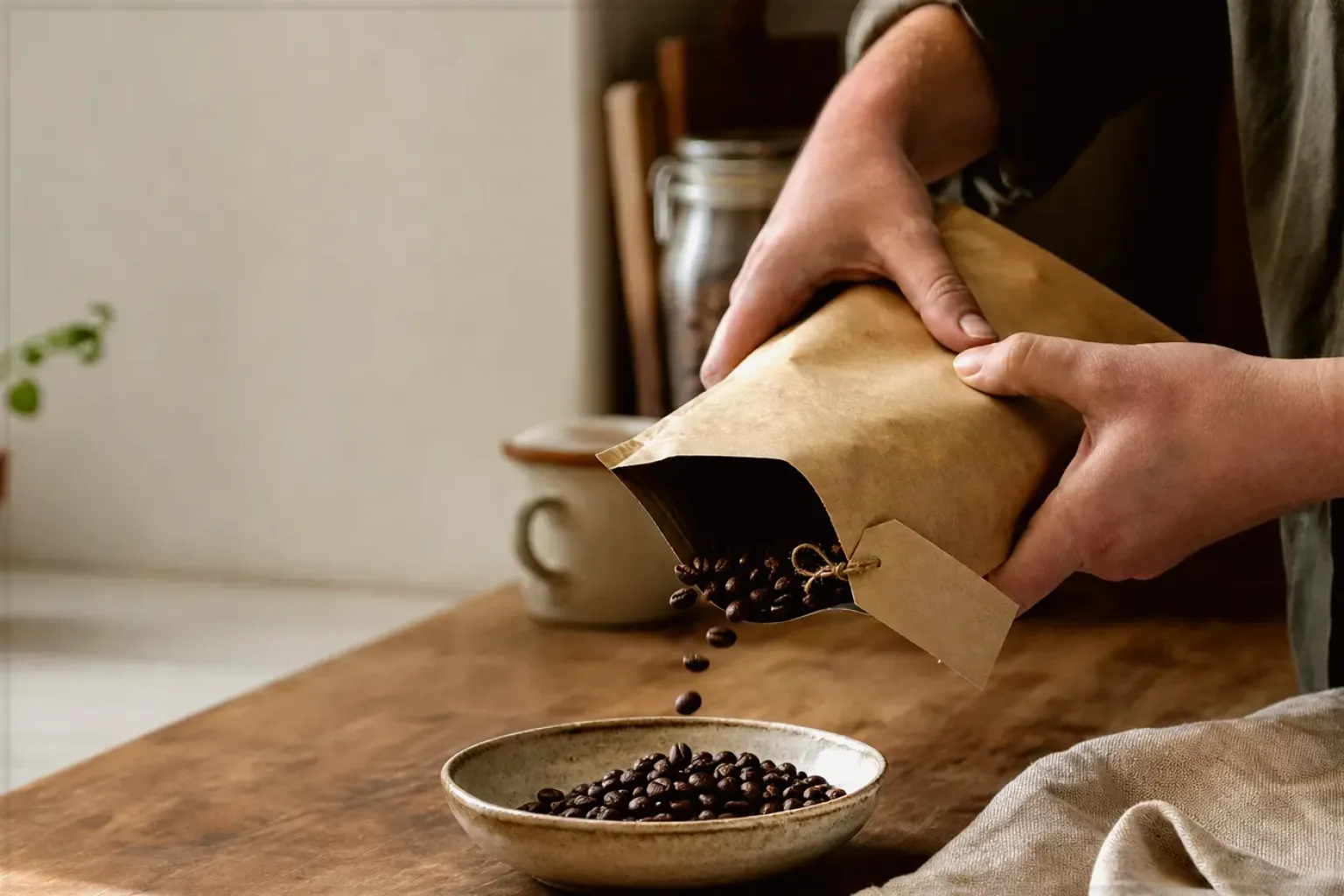 Hände füllen frisch geröstete Kaffeebohnen aus einer Papiertüte in eine Keramikschale – gezeigt für Korrekturen und Aktualisierungen im Redaktionsseite.