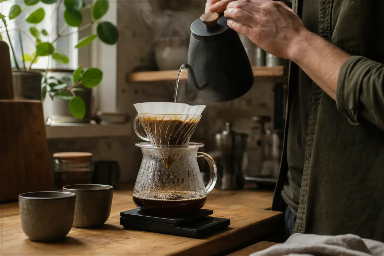 Filterkaffee wird mit einem Schwanenhalskessel von Hand in einer Küche aufgegossen – gezeigt für Korrekturen und Aktualisierungen im Redaktionsseite.