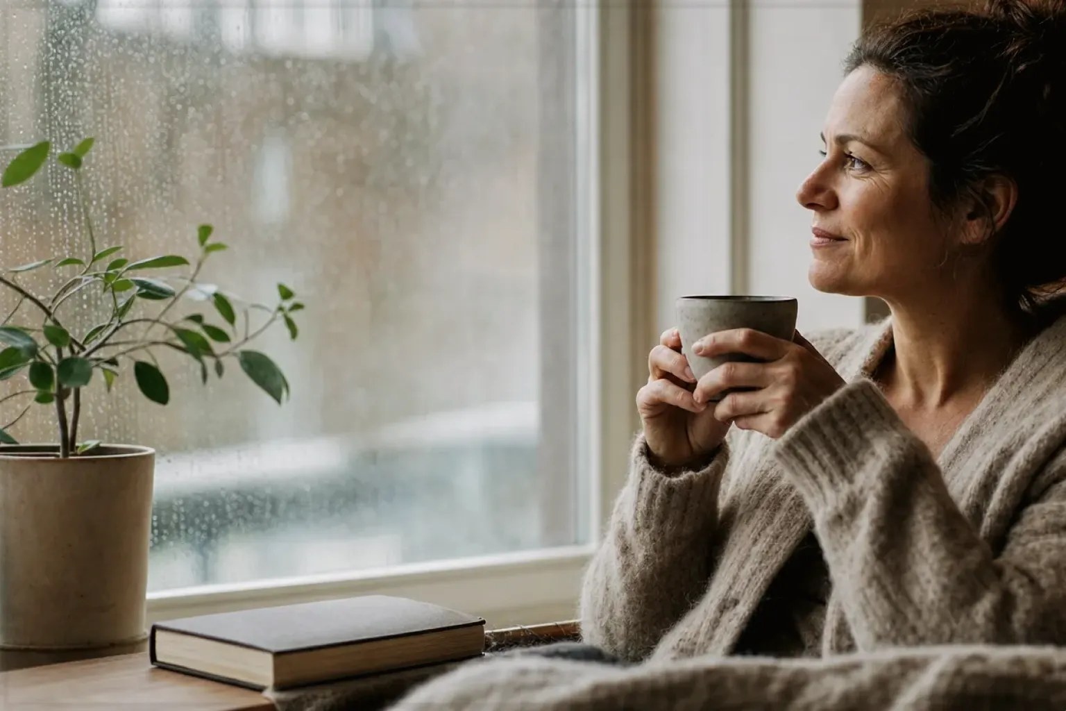 Eine Frau genießt an einem regnerischen Nachmittag ruhig eine Tasse Kaffee am Fenster – gezeigt für Korrekturen und Aktualisierungen im Redaktionsseite.
