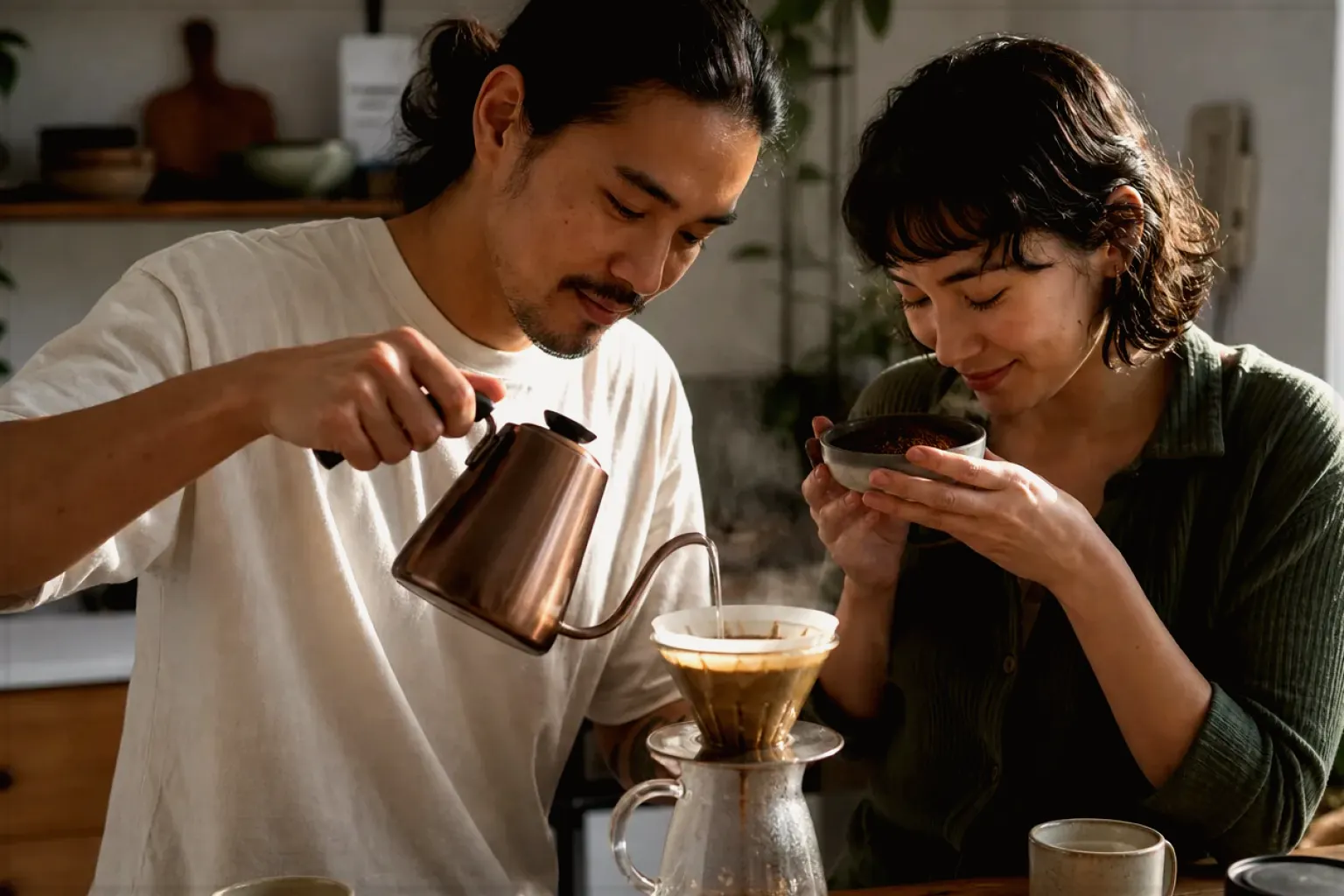 Zwei Menschen bereiten am Wochenende gemeinsam Filterkaffee mit einem Handfilter zu – gezeigt für Korrekturen und Aktualisierungen im Redaktionsseite.