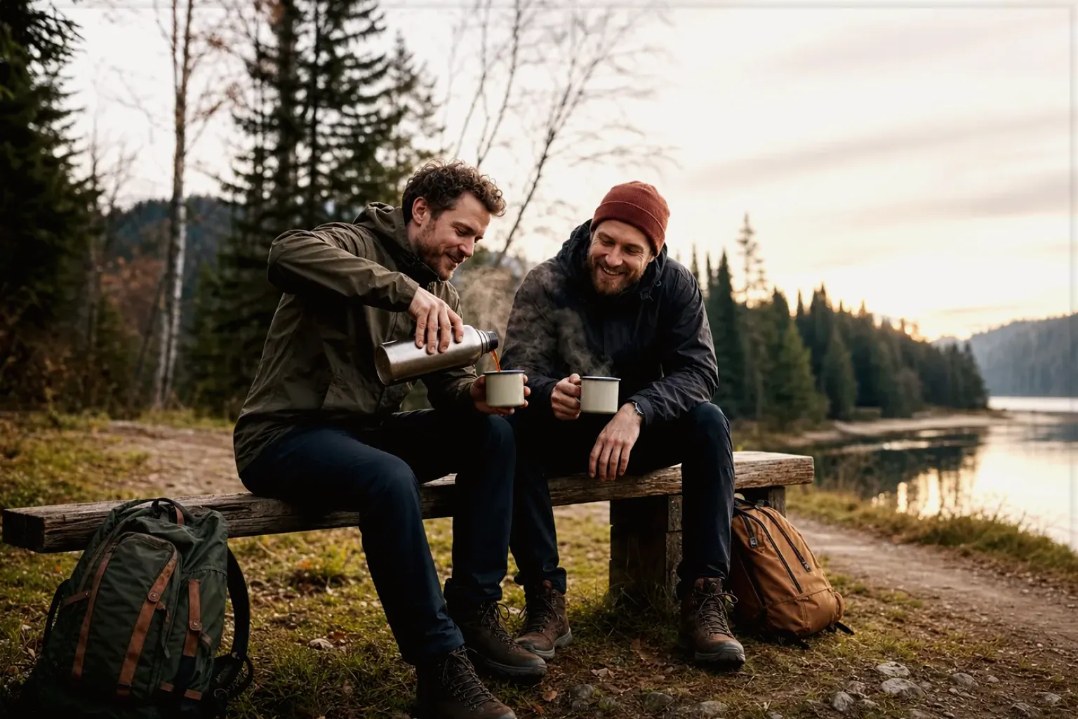 Zwei Freunde teilen auf einer Wanderung heißen Kaffee aus einer Thermoskanne am See – gezeigt für Korrekturen und Aktualisierungen im Redaktionsseite.