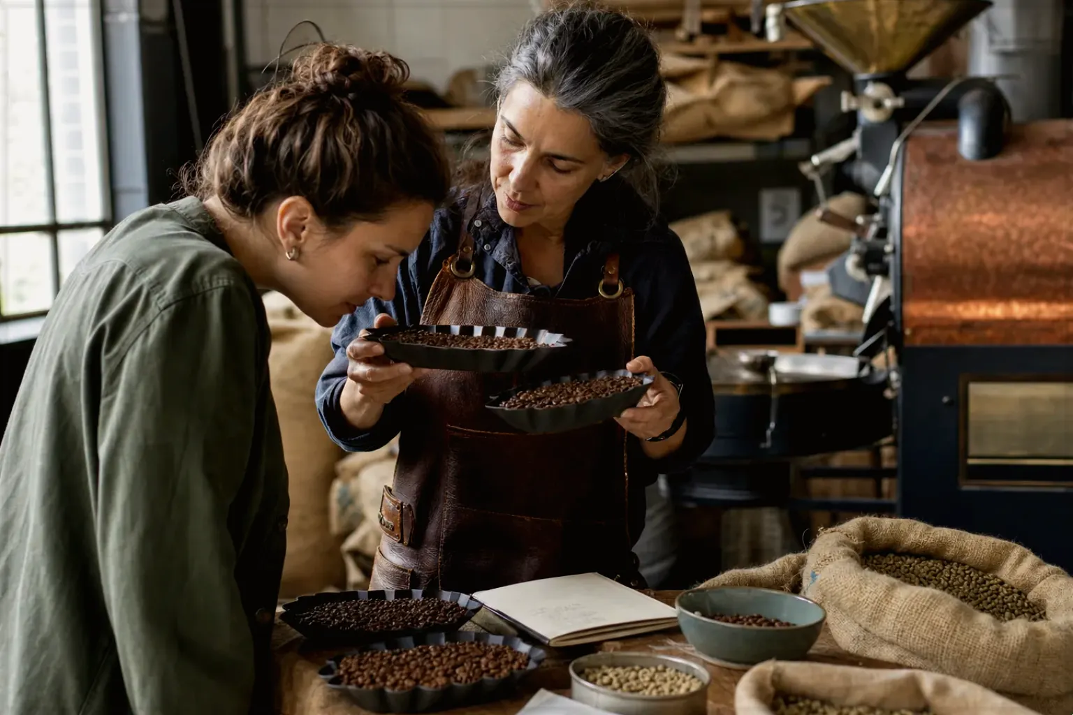 Eine Kaffeerösterin lässt eine Kundin in einer kleinen Rösterei verschiedene frisch geröstete Bohnen riechen – gezeigt für Korrekturen und Aktualisierungen im Redaktionsseite.