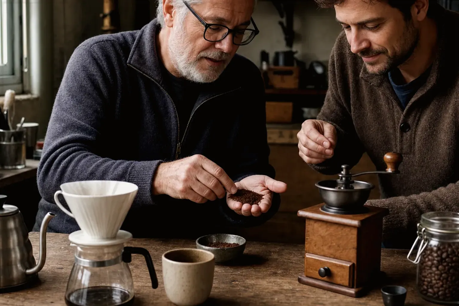 Ein älterer Kaffeeliebhaber zeigt einem jüngeren Erwachsenen gemahlenen Kaffee neben Handmühle und Filter – gezeigt für Korrekturen und Aktualisierungen im Redaktionsseite.