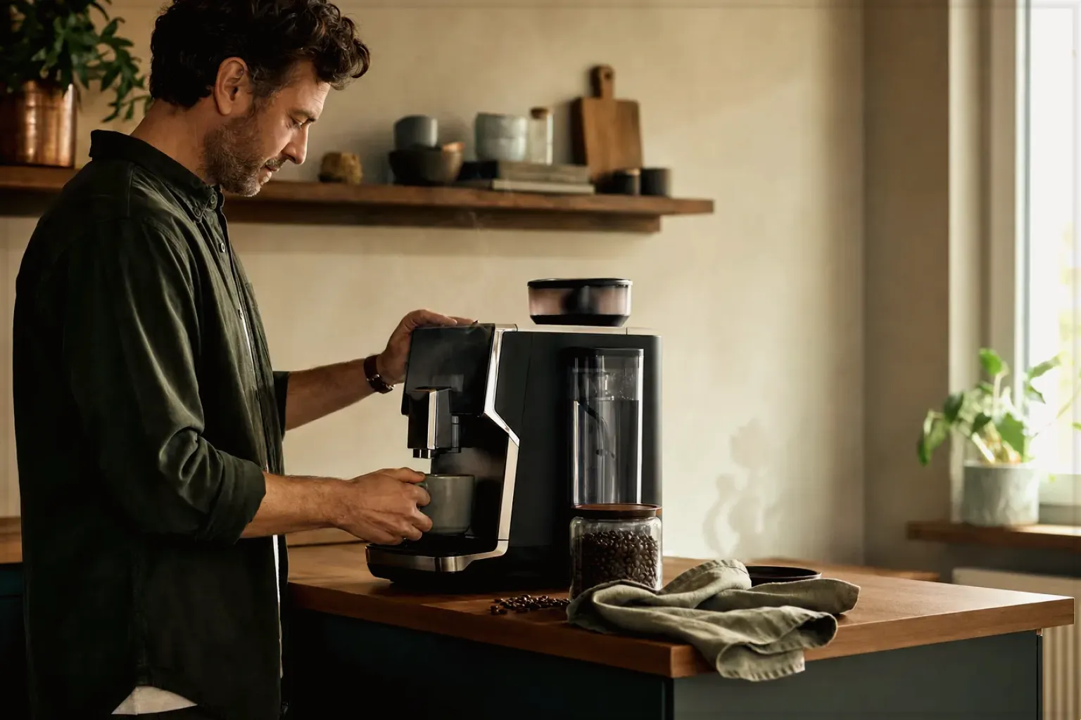 Ein Mann bereitet morgens Kaffee in seiner Küche zu – gezeigt für Korrekturen und Aktualisierungen im Redaktionsseite.