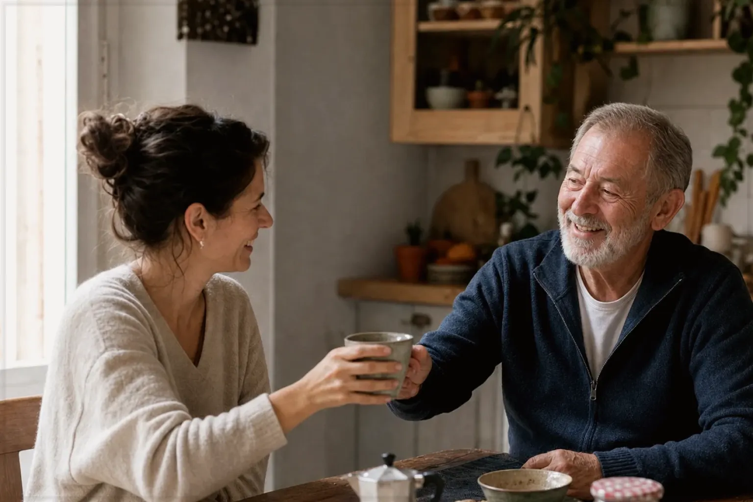 Eine erwachsene Tochter und ihr älterer Vater lachen gemeinsam beim Kaffee in ihrer Küche – gezeigt für Korrekturen und Aktualisierungen im Redaktionsseite.