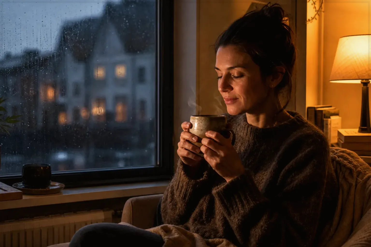 Eine Frau genießt an einem regnerischen Abend ruhig eine warme Tasse Kaffee am Fenster – gezeigt für Korrekturen und Aktualisierungen im Redaktionsseite.