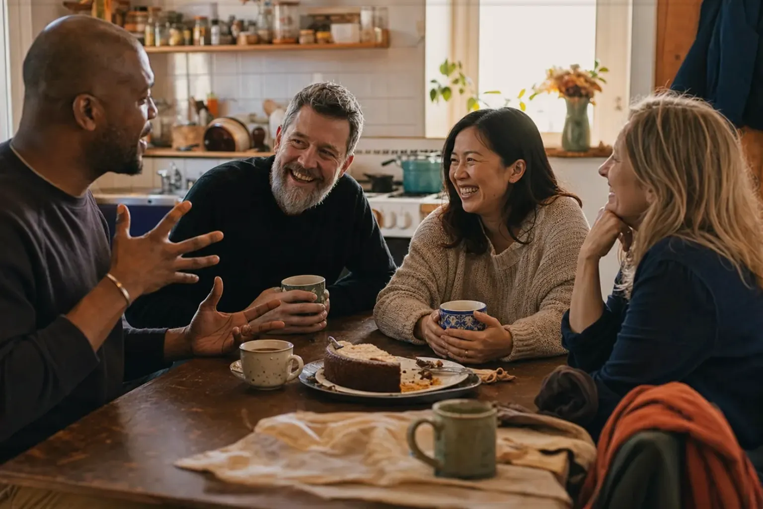 Vier erwachsene Freunde lachen gemeinsam bei Kaffee und selbst gebackenem Kuchen – gezeigt für Korrekturen und Aktualisierungen im Redaktionsseite.