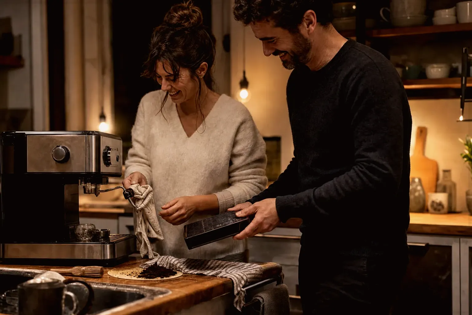 Ein Paar reinigt am Abend gemeinsam und gut gelaunt seine Espressomaschine in der Küche – gezeigt für Korrekturen und Aktualisierungen im Redaktionsseite.