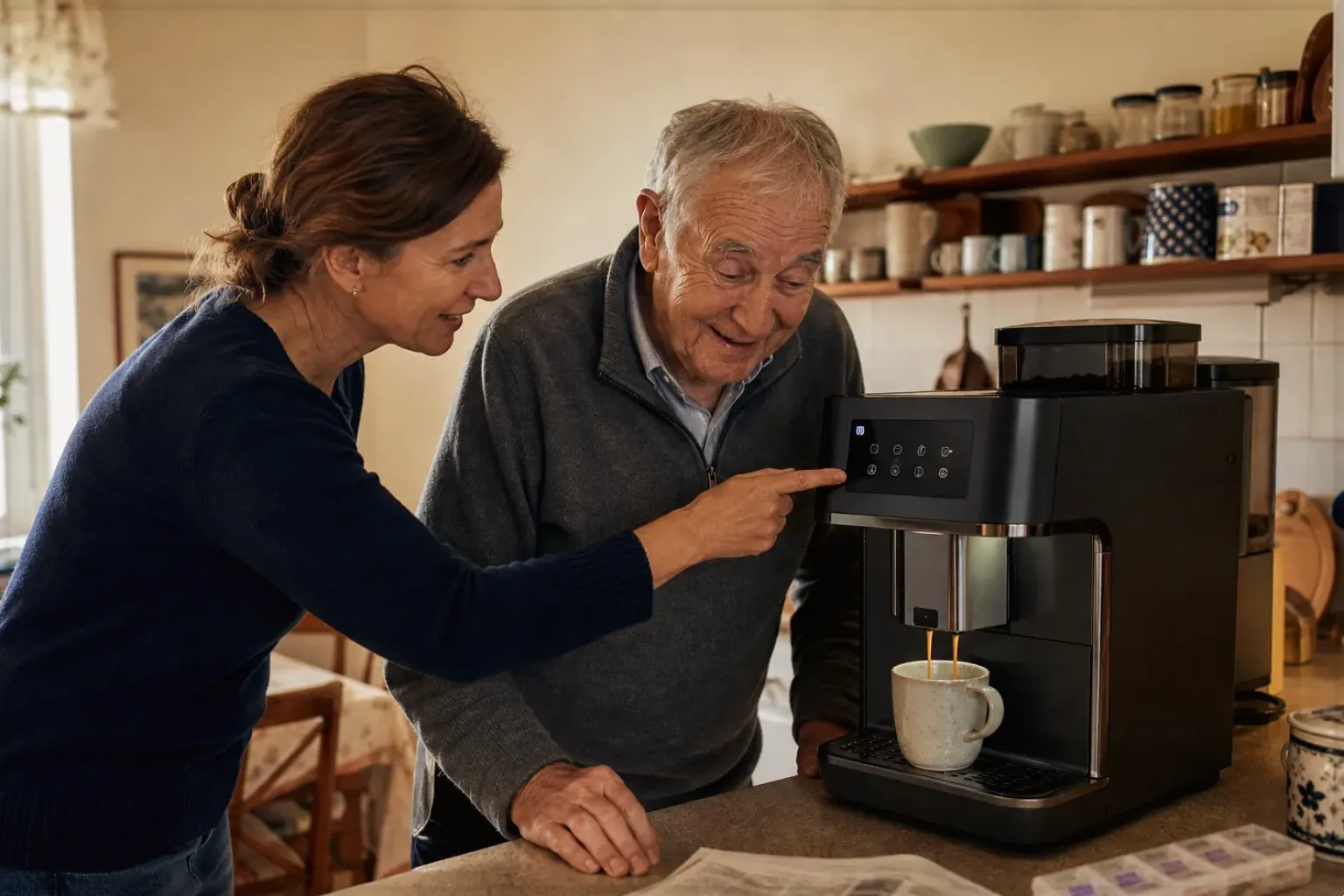 Eine erwachsene Tochter erklärt ihrem Vater verständlich die Bedienung eines Kaffeevollautomaten.