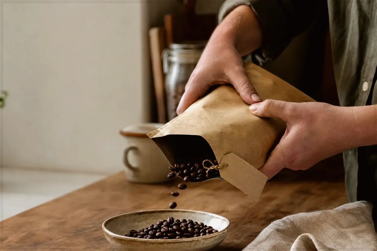 Hände füllen frisch geröstete Kaffeebohnen aus einer Papiertüte in eine Keramikschale – gezeigt für Mahlgrad richtig einstellen im Redaktionsseite.