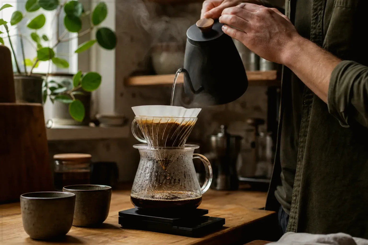 Filterkaffee wird mit einem Schwanenhalskessel von Hand in einer Küche aufgegossen – gezeigt für Mahlgrad richtig einstellen im Redaktionsseite.