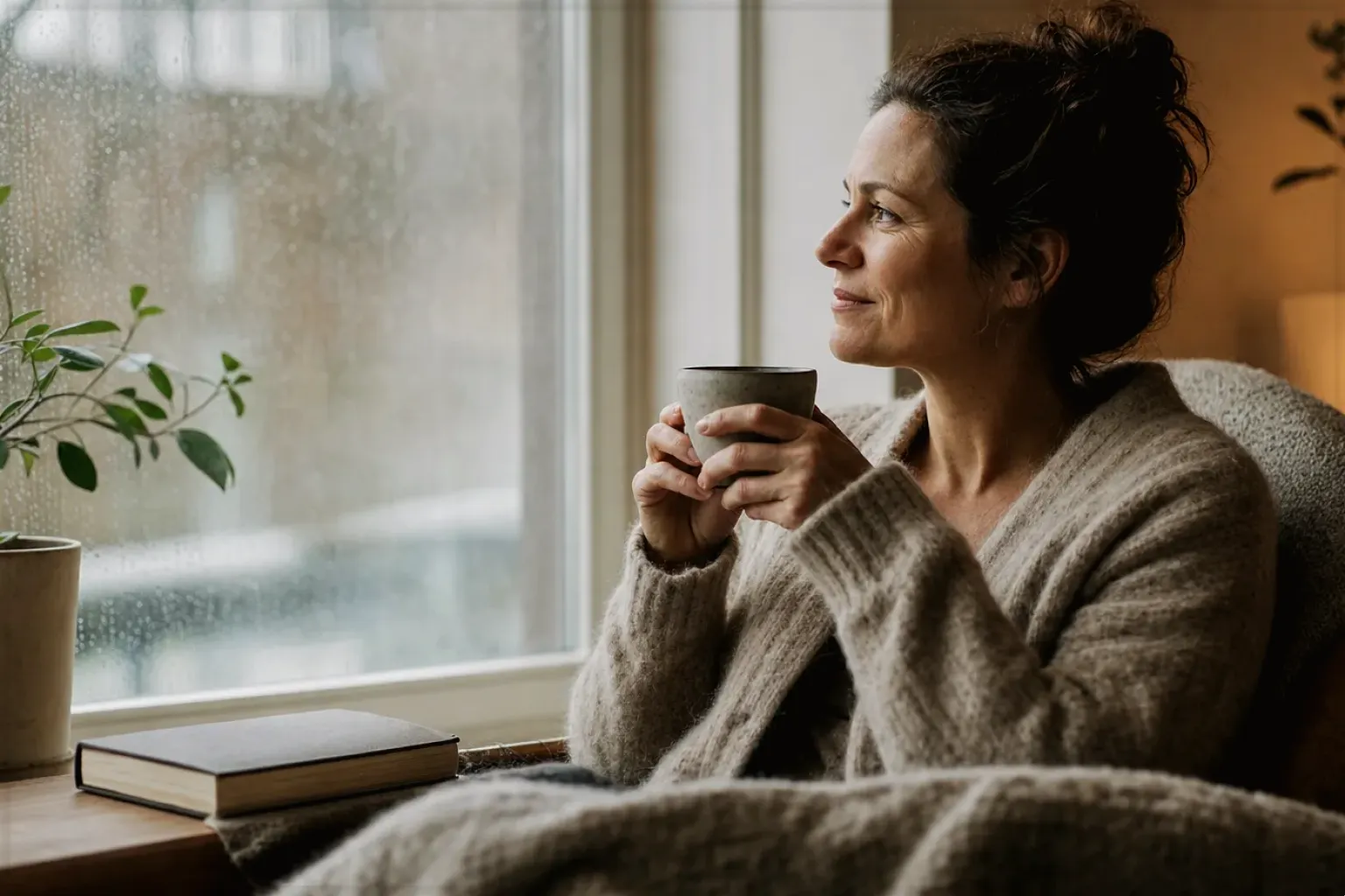 Eine Frau genießt an einem regnerischen Nachmittag ruhig eine Tasse Kaffee am Fenster – gezeigt für Mahlgrad richtig einstellen im Redaktionsseite.