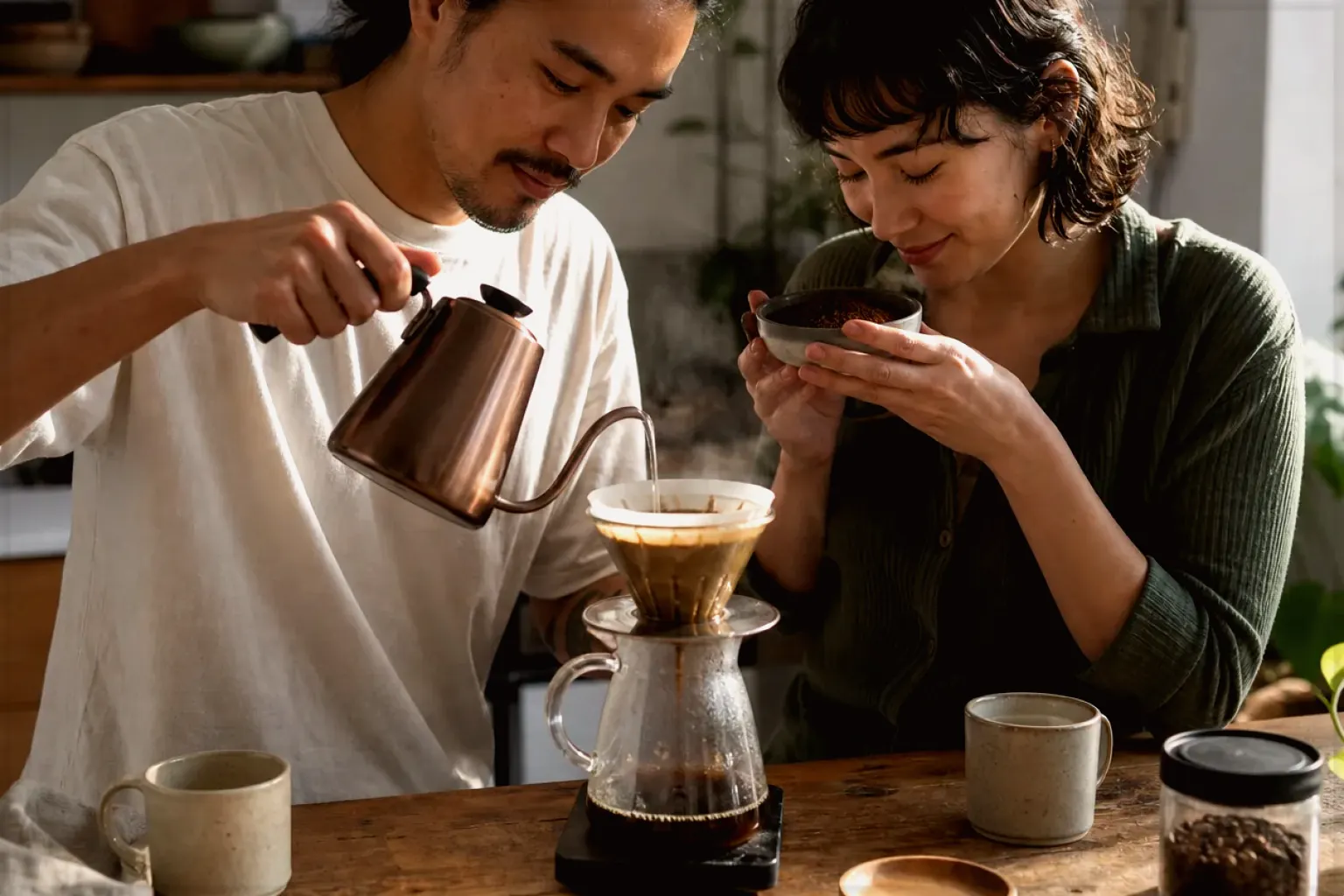 Zwei Menschen bereiten am Wochenende gemeinsam Filterkaffee mit einem Handfilter zu – gezeigt für Mahlgrad richtig einstellen im Redaktionsseite.