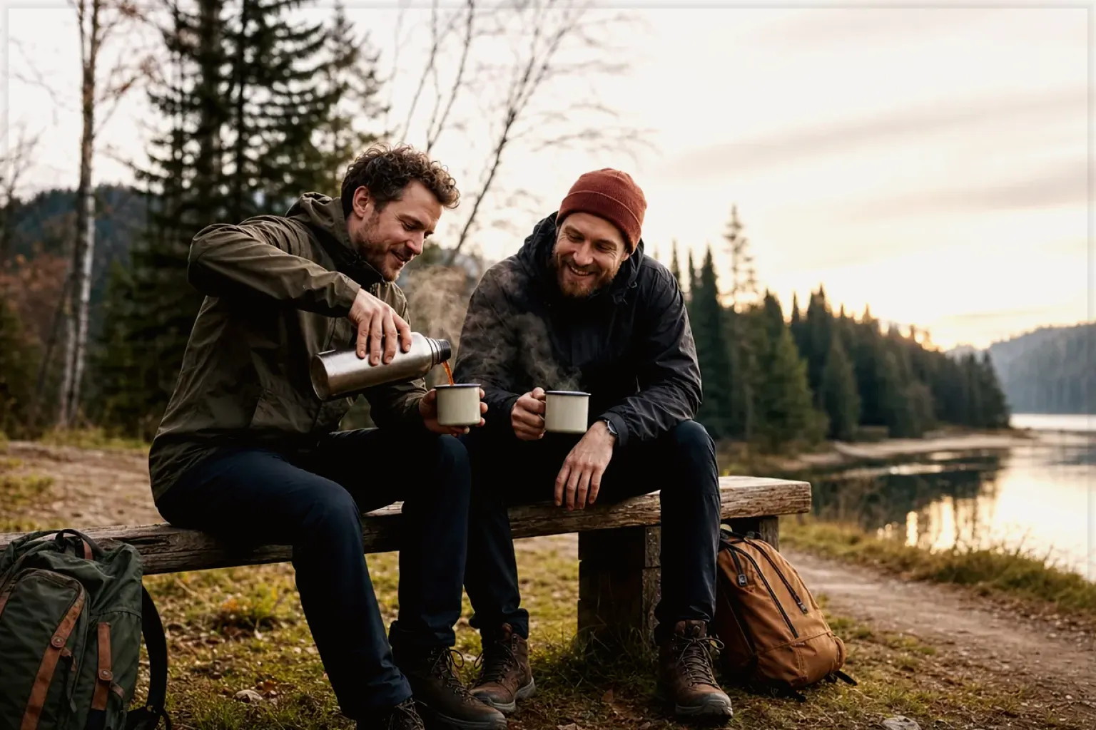 Zwei Freunde teilen auf einer Wanderung heißen Kaffee aus einer Thermoskanne am See – gezeigt für Mahlgrad richtig einstellen im Redaktionsseite.