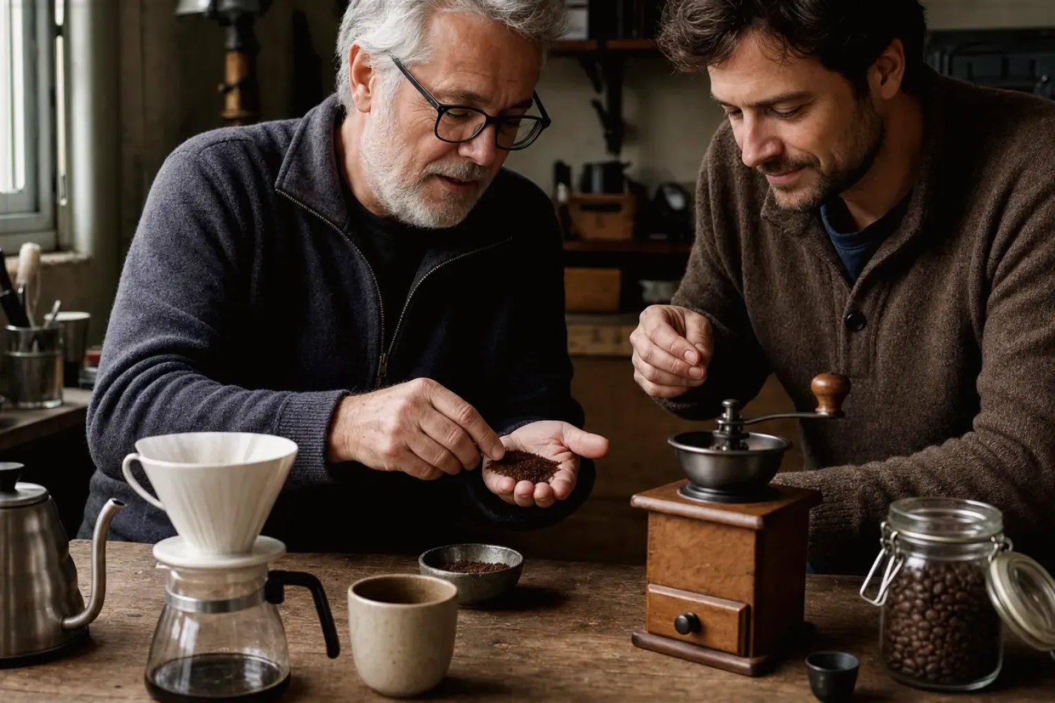 Ein älterer Kaffeeliebhaber zeigt einem jüngeren Erwachsenen gemahlenen Kaffee neben Handmühle und Filter – gezeigt für Mahlgrad richtig einstellen im Redaktionsseite.