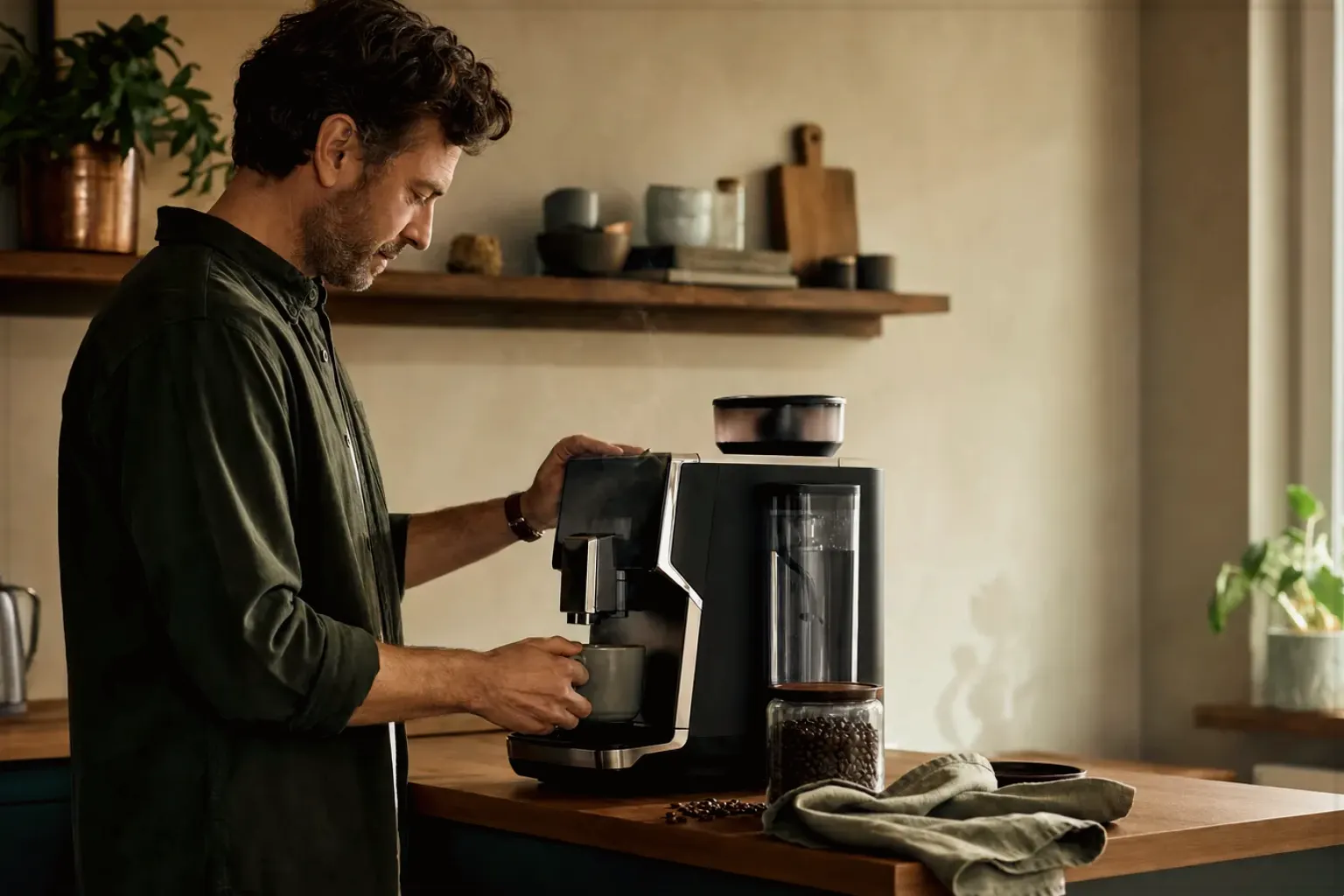 Ein Mann bereitet morgens Kaffee in seiner Küche zu – gezeigt für Mahlgrad richtig einstellen im Redaktionsseite.