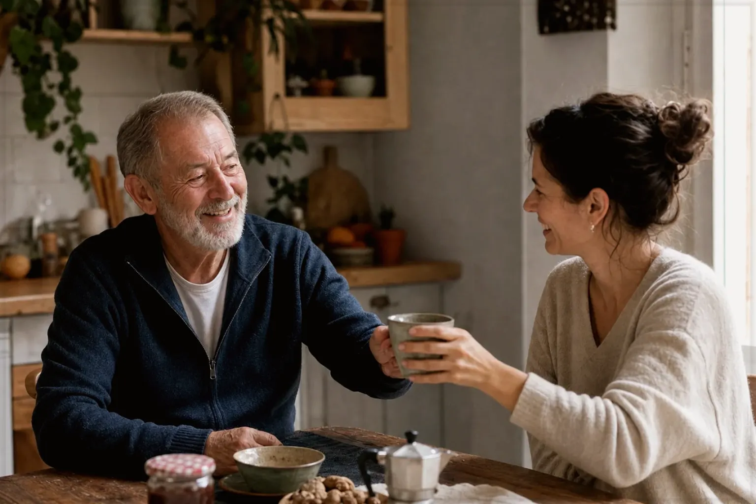 Eine erwachsene Tochter und ihr älterer Vater lachen gemeinsam beim Kaffee in ihrer Küche – gezeigt für Mahlgrad richtig einstellen im Redaktionsseite.