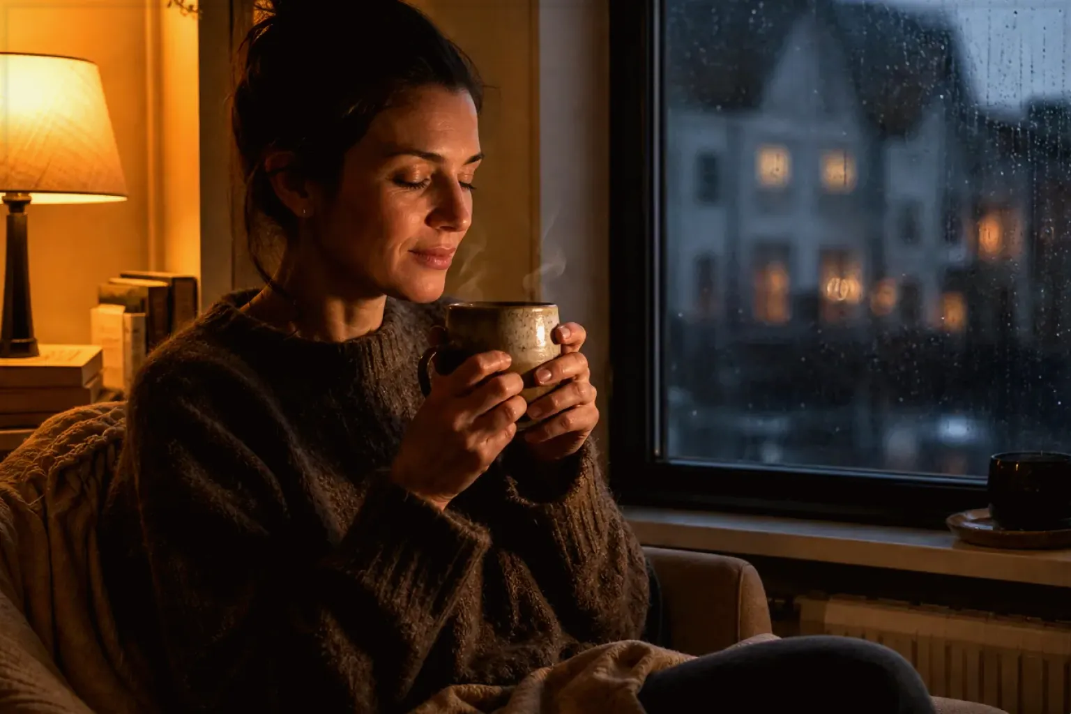 Eine Frau genießt an einem regnerischen Abend ruhig eine warme Tasse Kaffee am Fenster – gezeigt für Mahlgrad richtig einstellen im Redaktionsseite.