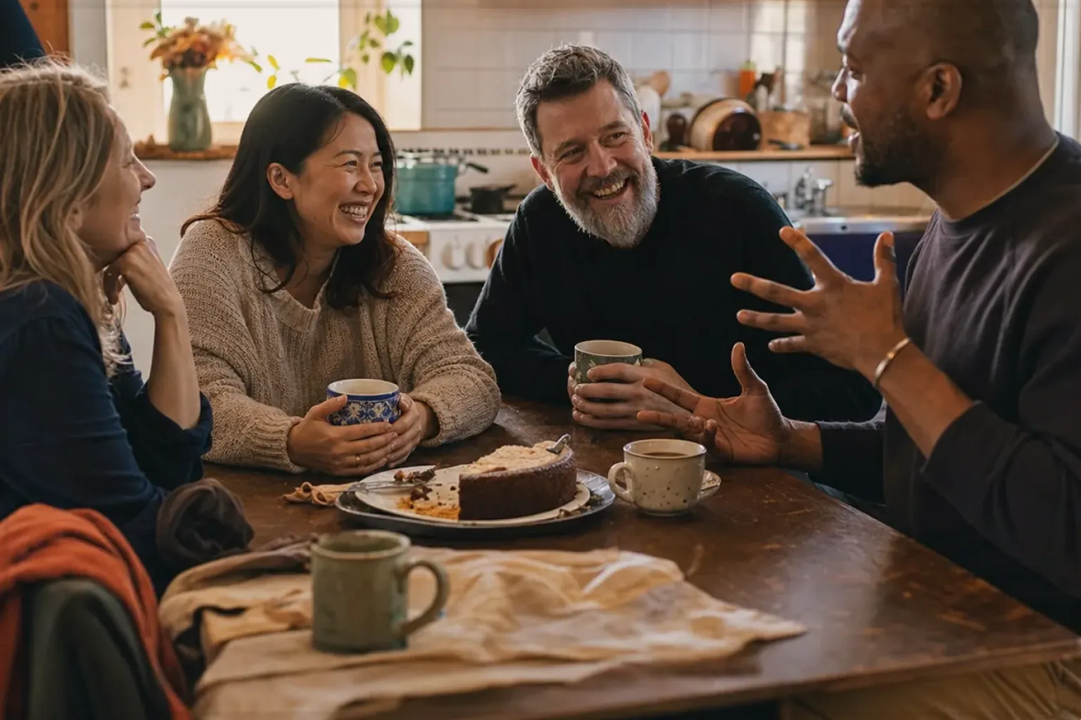 Vier erwachsene Freunde lachen gemeinsam bei Kaffee und selbst gebackenem Kuchen – gezeigt für Mahlgrad richtig einstellen im Redaktionsseite.