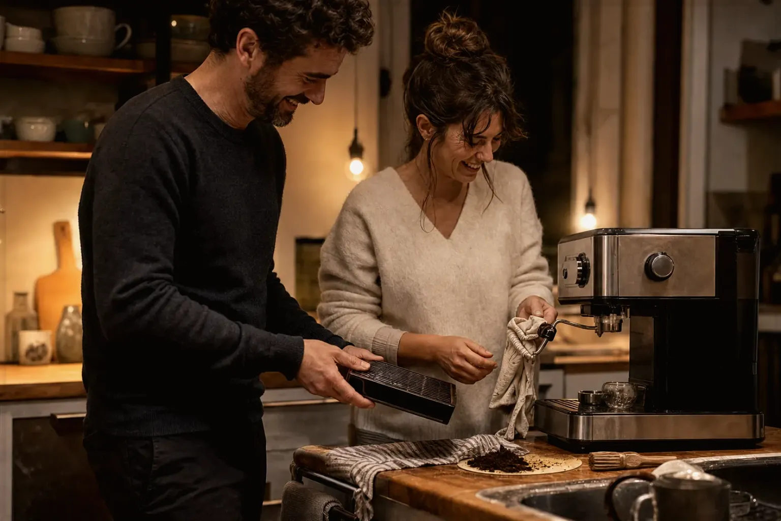 Ein Paar reinigt am Abend gemeinsam und gut gelaunt seine Espressomaschine in der Küche – gezeigt für Mahlgrad richtig einstellen im Redaktionsseite.