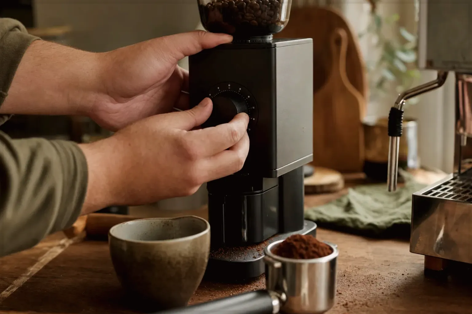 Zwei Hände stellen den Mahlgrad an einer Kaffeemühle präzise ein.