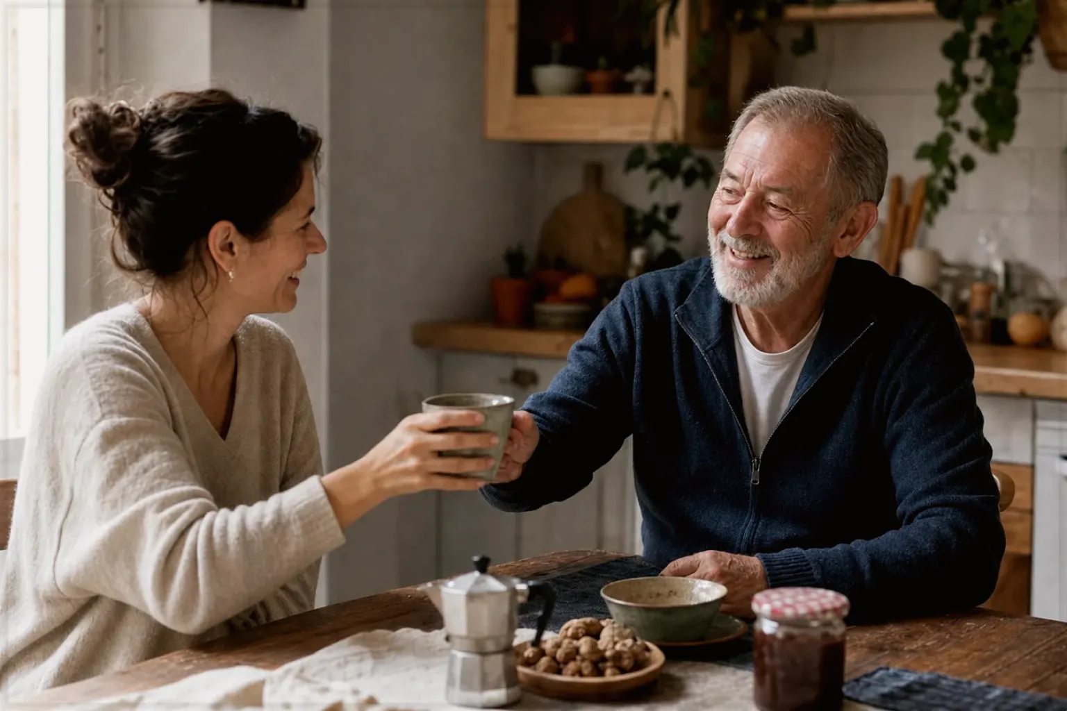 Eine erwachsene Tochter und ihr älterer Vater lachen gemeinsam beim Kaffee in ihrer bewohnten Küche – gezeigt für Redaktionelle Richtlinien im Redaktionsseite.