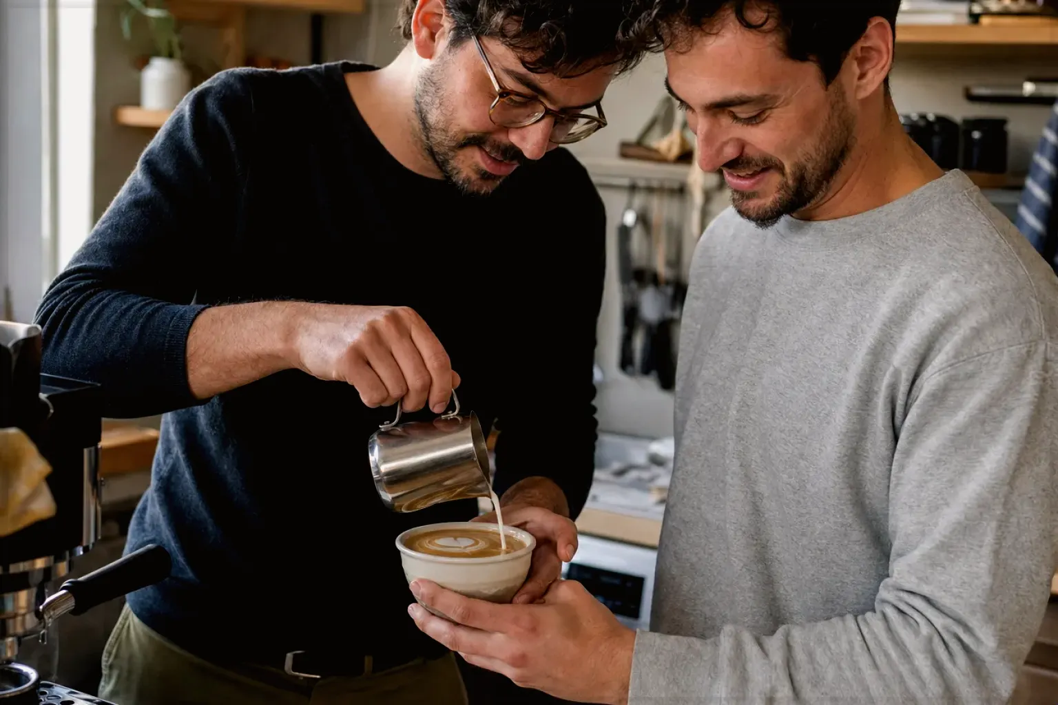 Zwei erwachsene Freunde freuen sich in einer kleinen Küche über ihre gemeinsam gegossene Latte Art – gezeigt für Redaktionelle Richtlinien im Redaktionsseite.