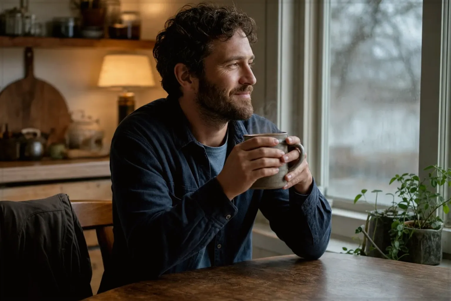 Ein Mann hält nach seinem Arbeitstag eine warme Kaffeetasse und blickt entspannt aus dem Küchenfenster – gezeigt für Redaktionelle Richtlinien im Redaktionsseite.