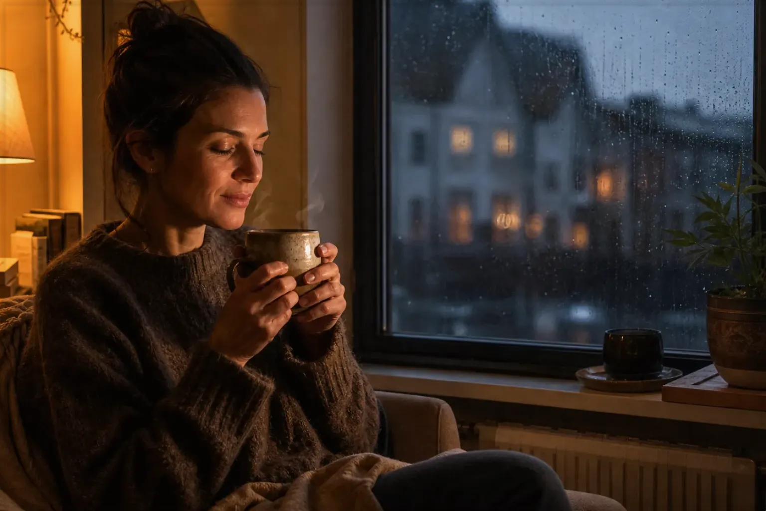 Eine Frau genießt an einem regnerischen Abend ruhig eine warme Tasse Kaffee am Fenster – gezeigt für Redaktionelle Richtlinien im Redaktionsseite.