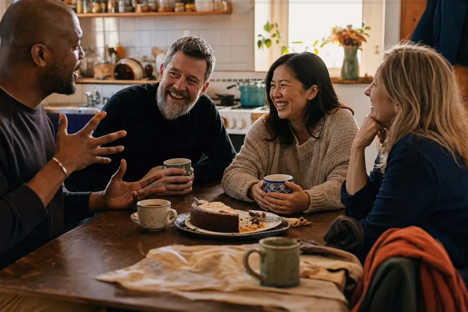 Vier erwachsene Freunde verschiedener Altersgruppen lachen gemeinsam bei Kaffee und selbst gebackenem Kuchen – gezeigt für Redaktionelle Richtlinien im Redaktionsseite.