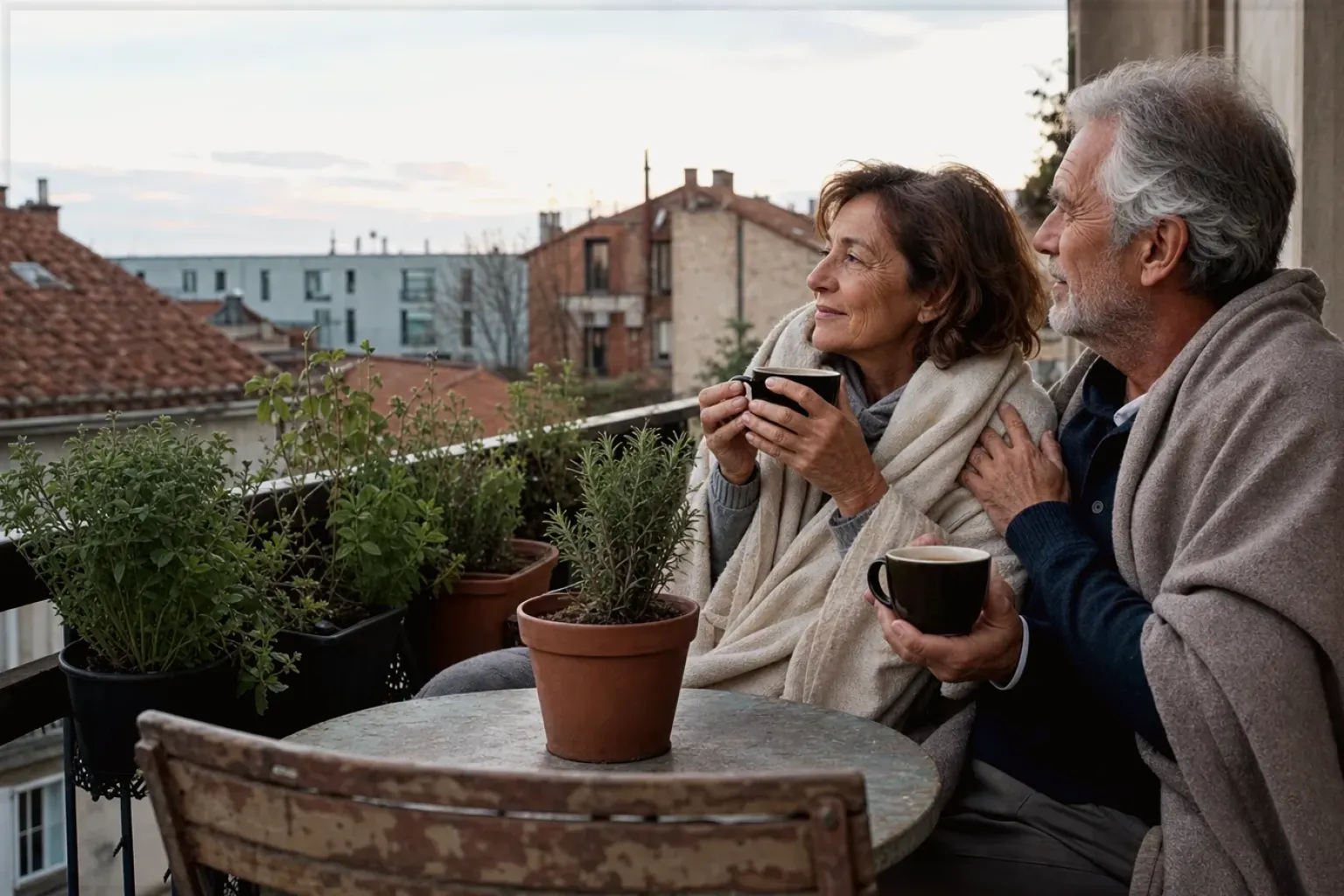 Ein älteres Paar teilt am frühen Morgen Kaffee auf einem kleinen Balkon – gezeigt für Redaktionelle Richtlinien im Redaktionsseite.