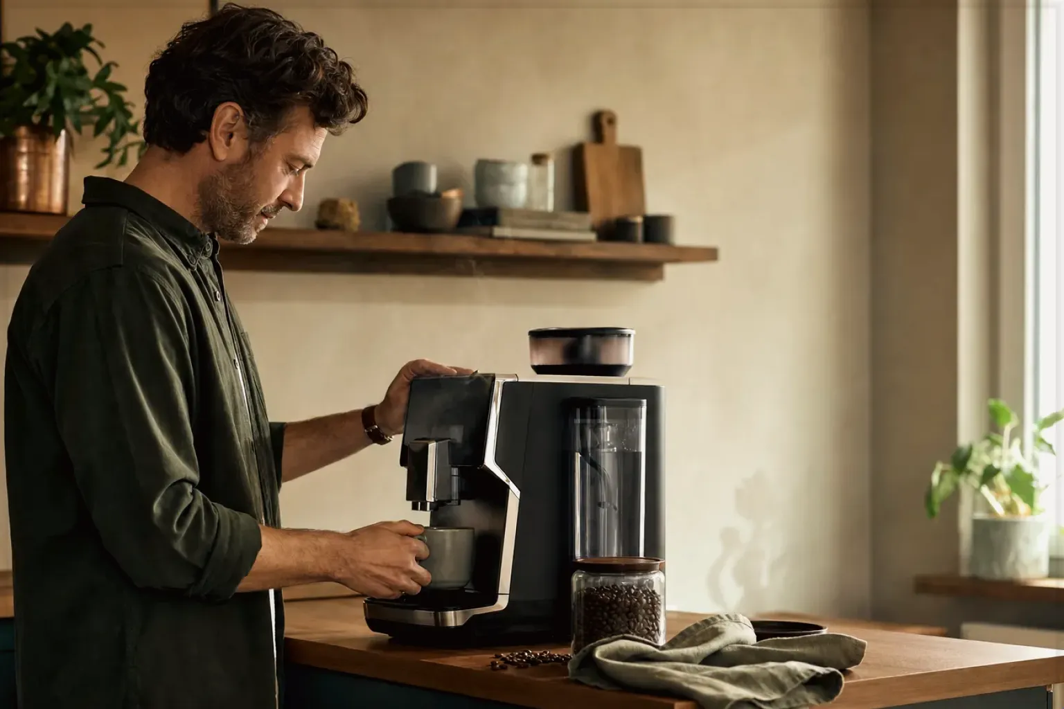 Ein Mann bereitet morgens Kaffee in seiner Küche zu – gezeigt für Redaktionelle Richtlinien im Redaktionsseite.