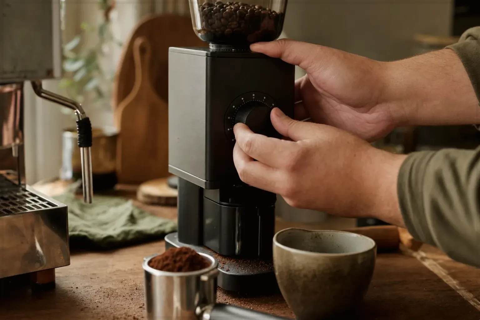 Zwei Hände stellen den Mahlgrad an einer Kaffeemühle neben einer Espressomaschine ein – gezeigt für Redaktionelle Richtlinien im Redaktionsseite.