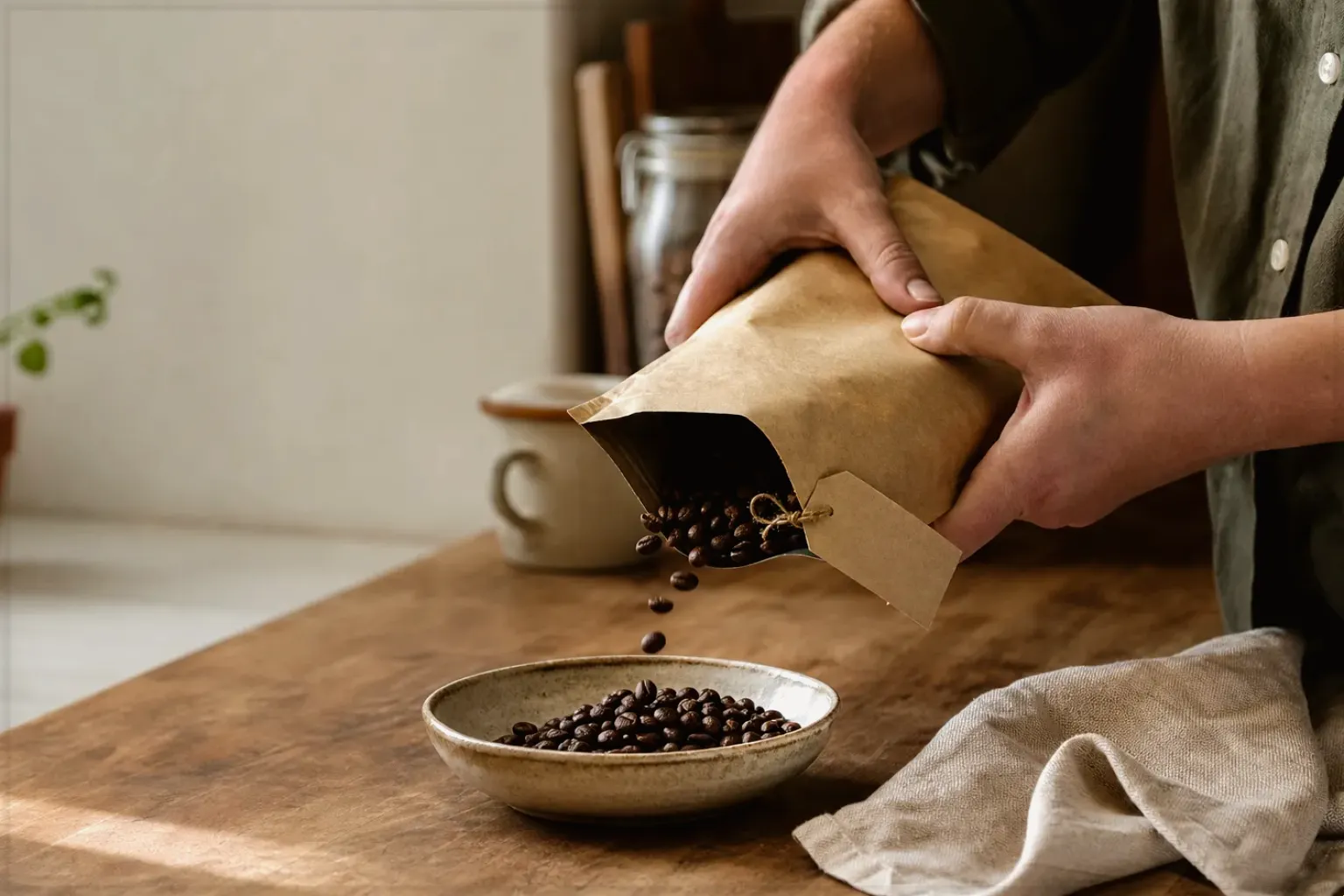 Hände füllen frisch geröstete Kaffeebohnen aus einer Papiertüte in eine Keramikschale – gezeigt für Redaktionelle Richtlinien im Redaktionsseite.