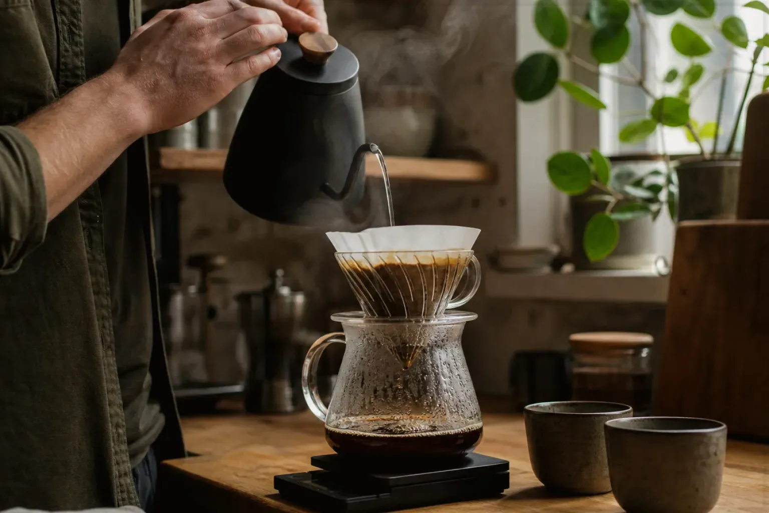 Filterkaffee wird mit einem Schwanenhalskessel von Hand in einer Küche aufgegossen – gezeigt für Redaktionelle Richtlinien im Redaktionsseite.