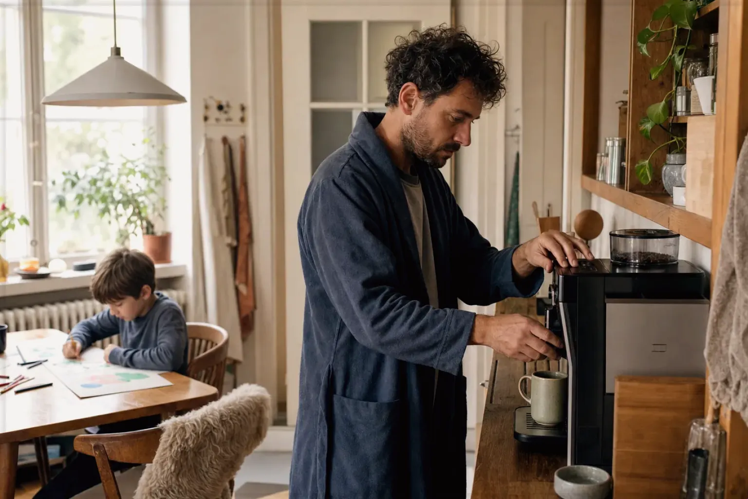 Ein Vater bereitet morgens Kaffee zu, während sein Kind am Küchentisch malt – gezeigt für Redaktionelle Richtlinien im Redaktionsseite.