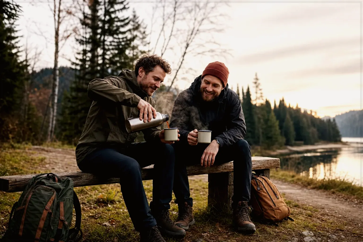 Zwei Freunde teilen auf einer Wanderung heißen Kaffee aus einer Thermoskanne am See – gezeigt für Redaktionelle Richtlinien im Redaktionsseite.