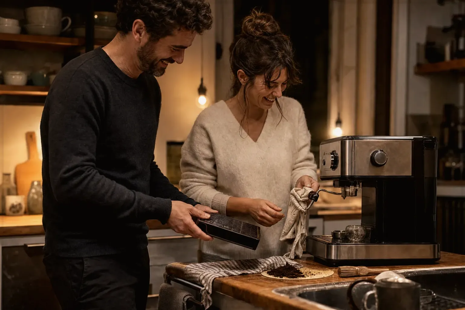 Ein Paar reinigt am Abend gemeinsam und gut gelaunt seine Espressomaschine in der Küche – gezeigt für Redaktionelle Richtlinien im Redaktionsseite.