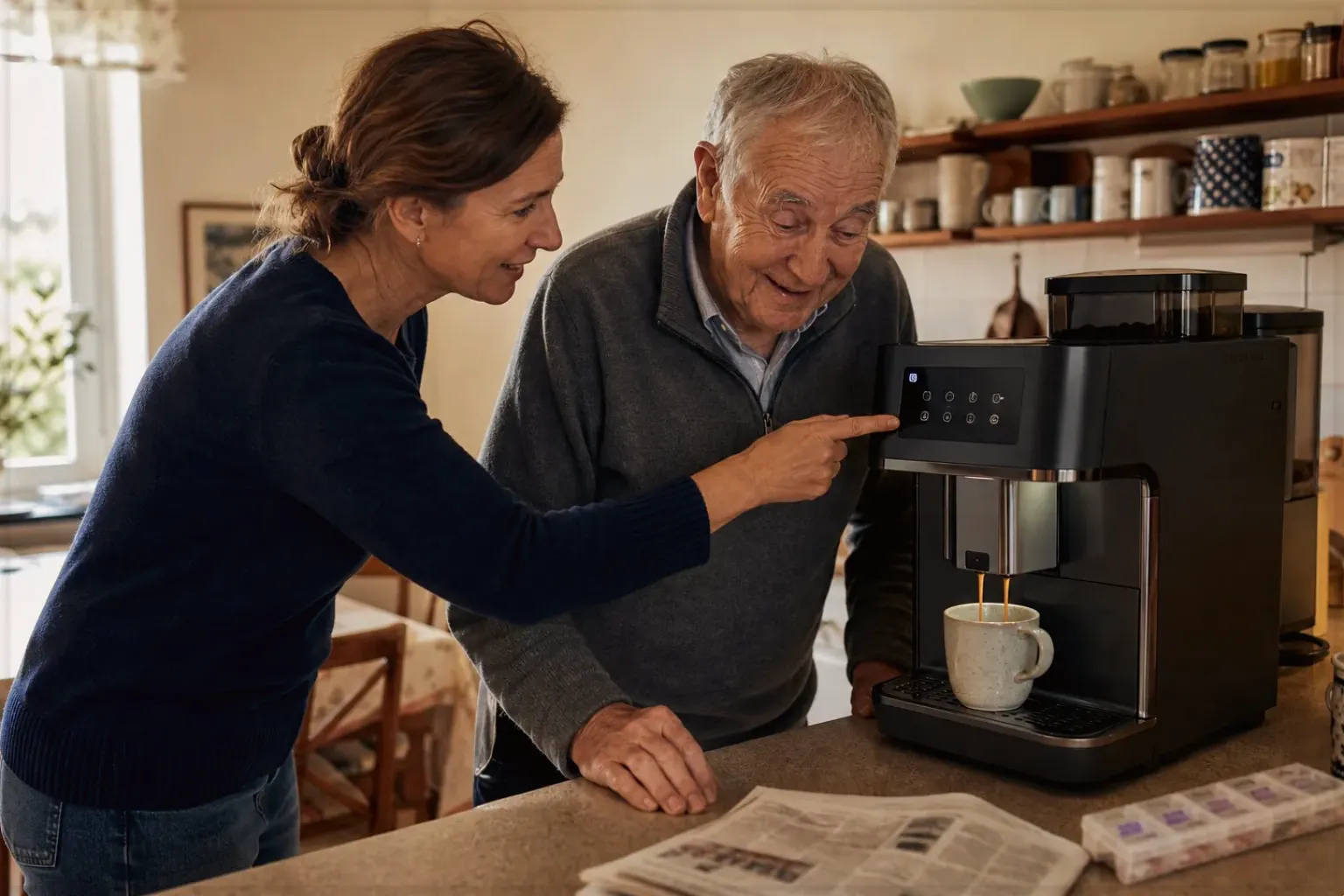 Eine erwachsene Tochter erklärt ihrem Vater verständlich die Bedienung eines Kaffeevollautomaten.