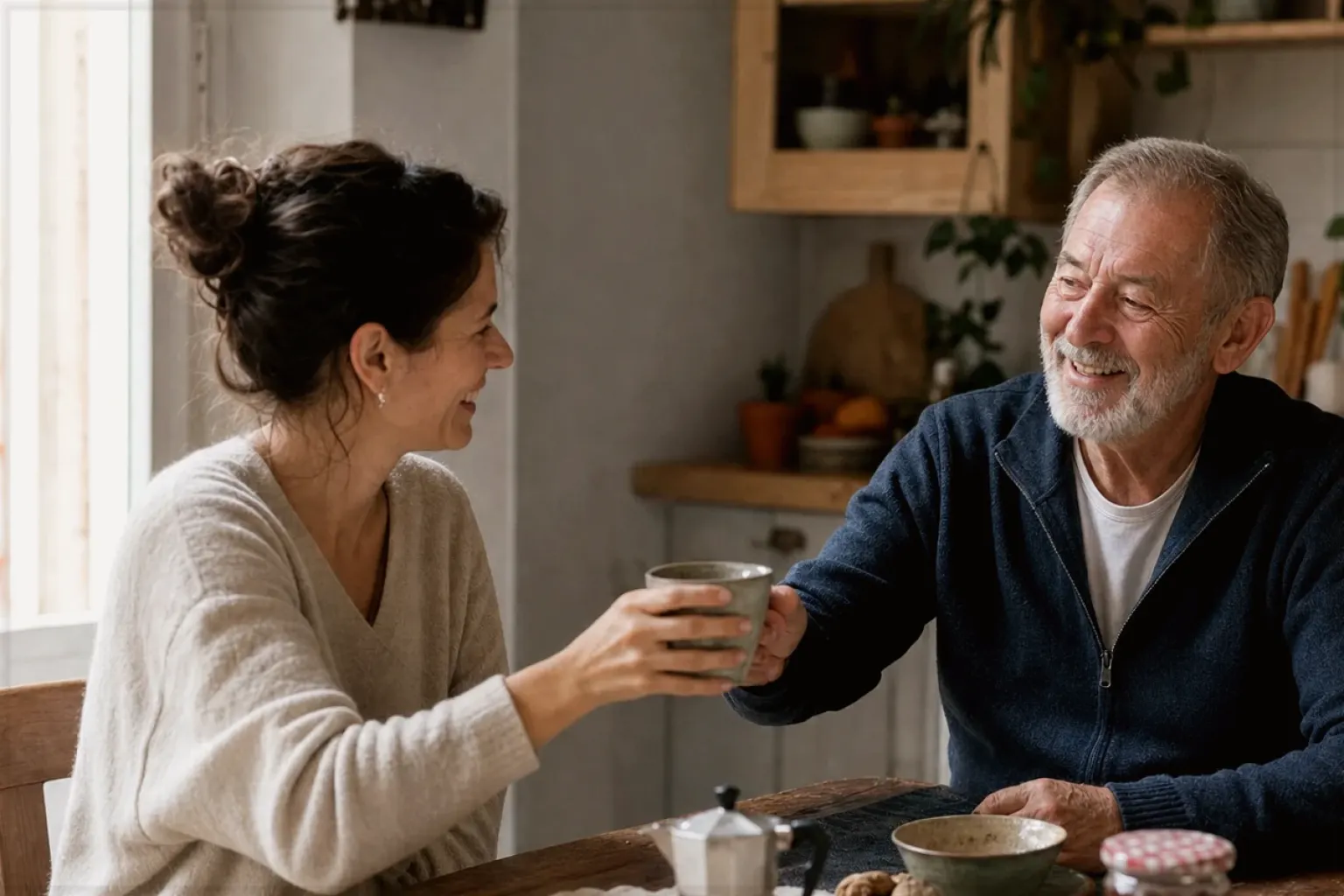 Eine erwachsene Tochter und ihr älterer Vater lachen gemeinsam beim Kaffee in ihrer bewohnten Küche – gezeigt für So arbeiten wir im Redaktionsseite.