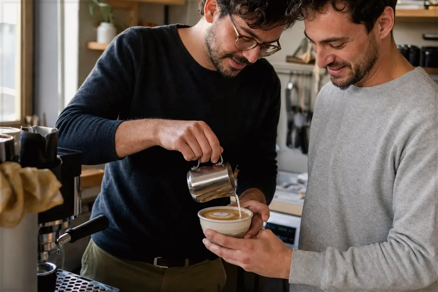 Zwei erwachsene Freunde freuen sich in einer kleinen Küche über ihre gemeinsam gegossene Latte Art – gezeigt für So arbeiten wir im Redaktionsseite.