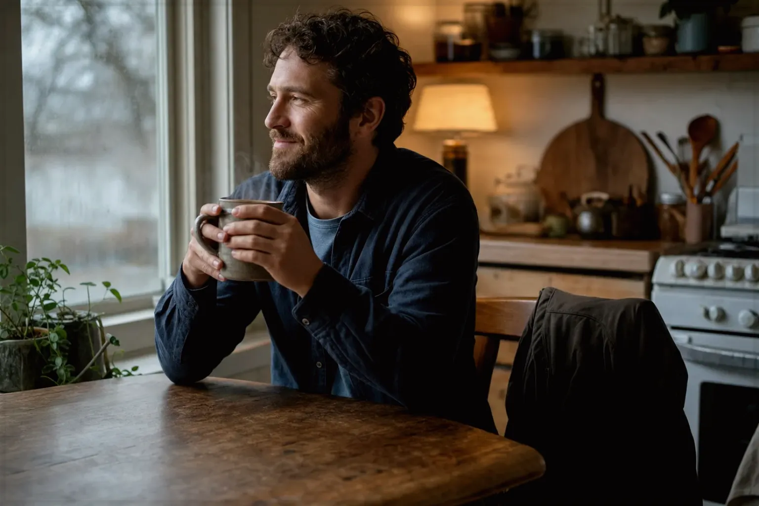 Ein Mann hält nach seinem Arbeitstag eine warme Kaffeetasse und blickt entspannt aus dem Küchenfenster – gezeigt für So arbeiten wir im Redaktionsseite.