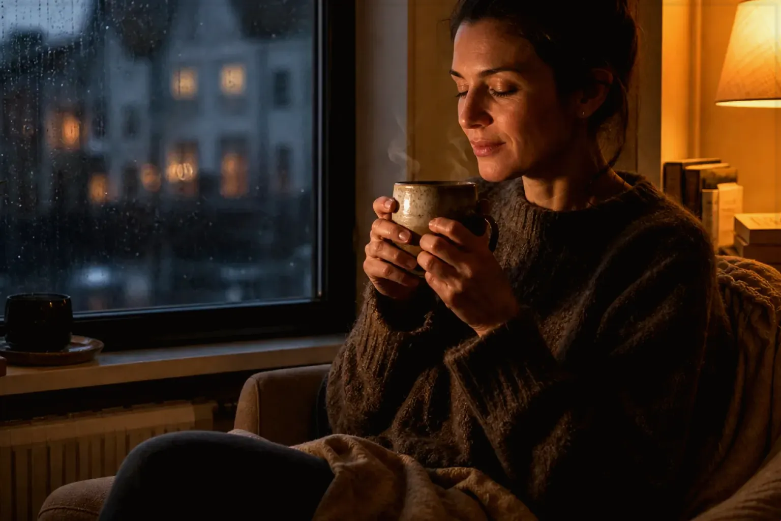 Eine Frau genießt an einem regnerischen Abend ruhig eine warme Tasse Kaffee am Fenster – gezeigt für So arbeiten wir im Redaktionsseite.