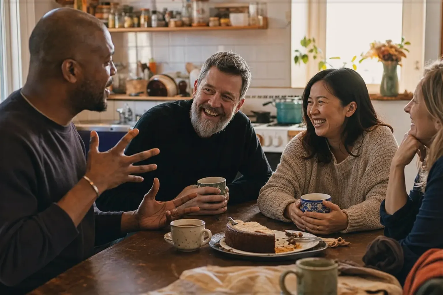 Vier erwachsene Freunde verschiedener Altersgruppen lachen gemeinsam bei Kaffee und selbst gebackenem Kuchen – gezeigt für So arbeiten wir im Redaktionsseite.